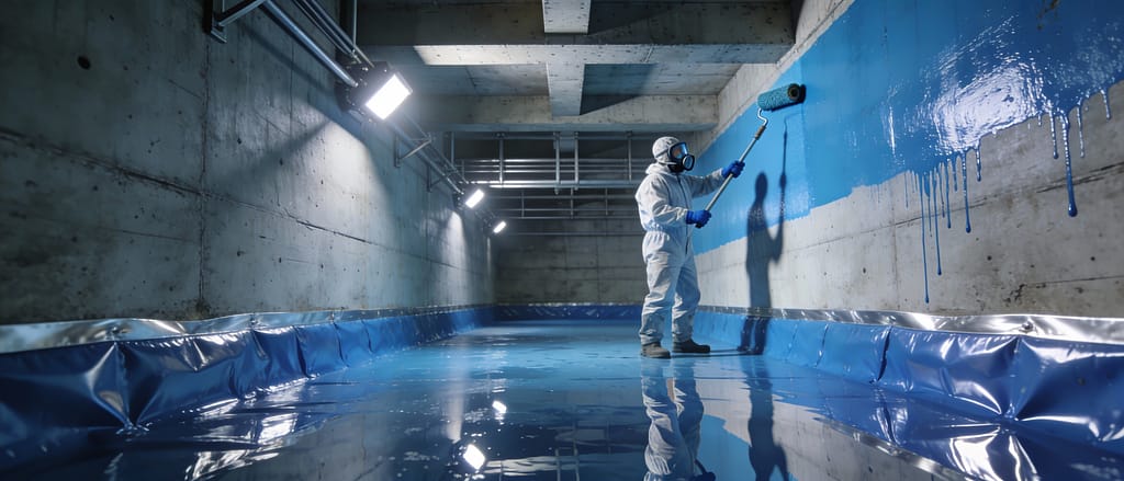 عمال متخصصون يقومون بطلاء خزان مياه خرساني بمواد عزل مائية معتمدة لمنع تسرب المياه الجوفية والملحية في جدة.