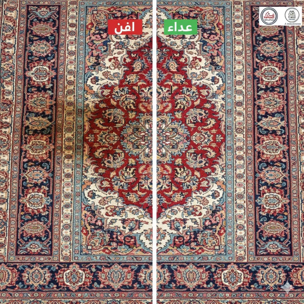 صورة قبل وبعد Before After توضح الفرق في نظافة سجادة مجلس كانت تحتوي على بقع عنيدة.